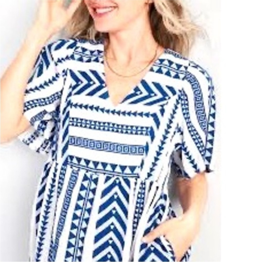 Old Navy Viral V-Neck Mini Swing Dress Blue Embroidered Tanzanite Size XL - Picture 5 of 16